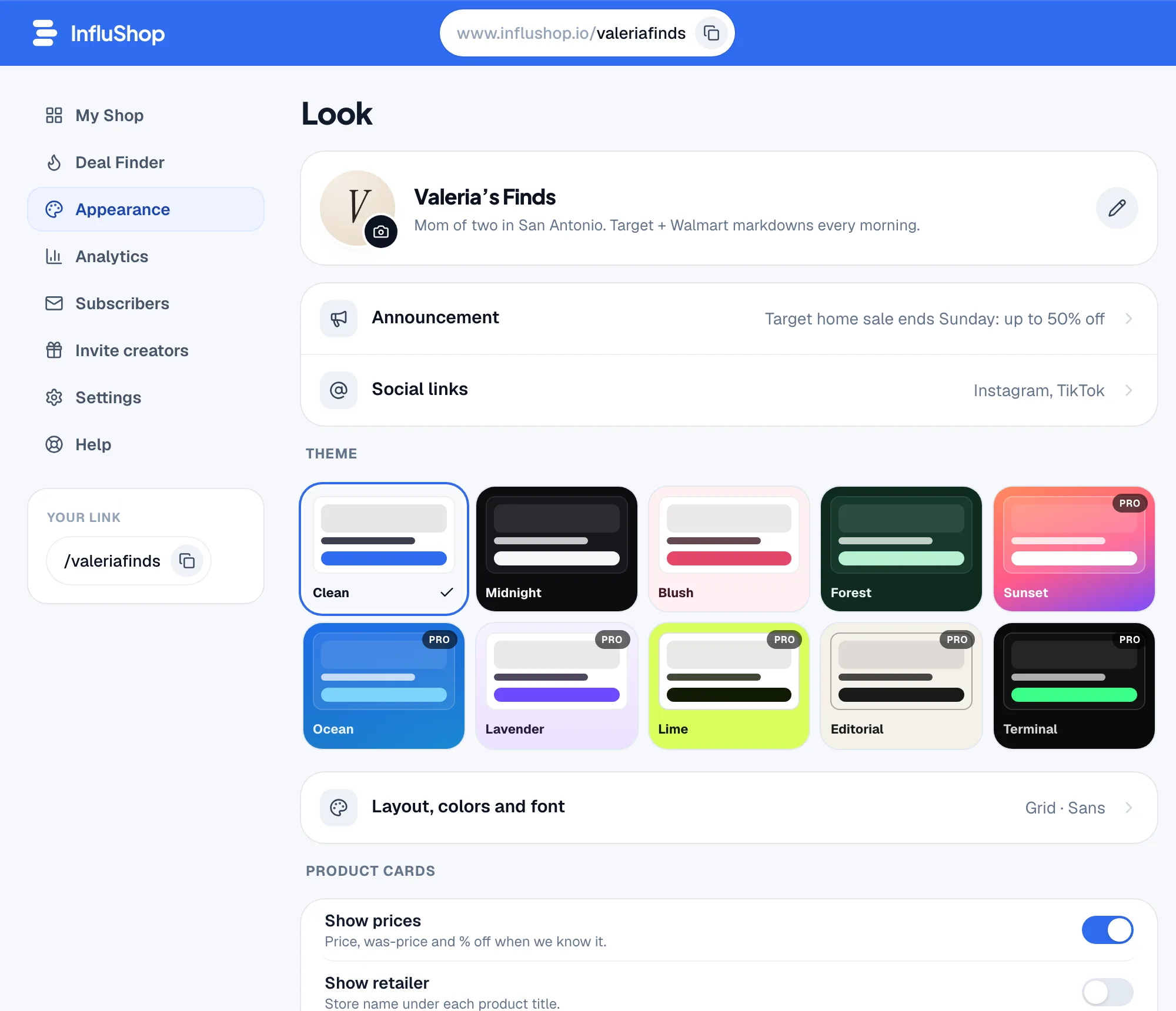 InfluShop appearance settings: profile, themes and card options