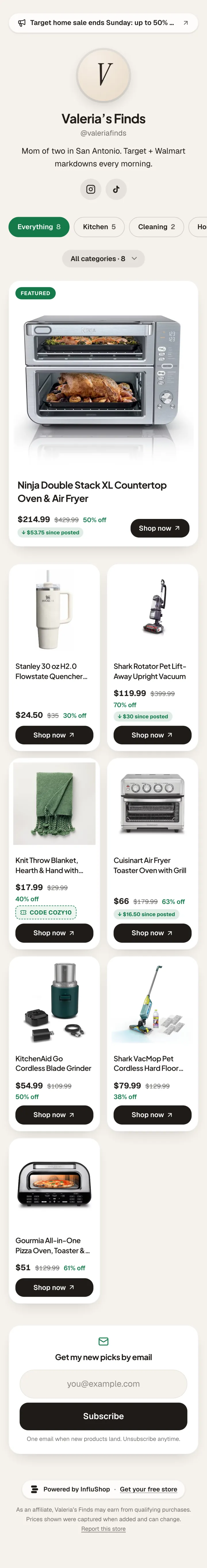 Valeria’s Finds, a demo InfluShop storefront, on a phone